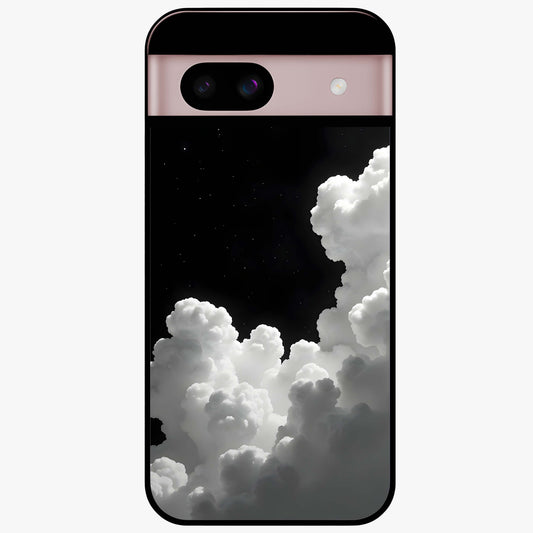 Black Background With White Cloud Glass Case showing flat back view with minimal cloud artwork on dark background and glossy glass finish.