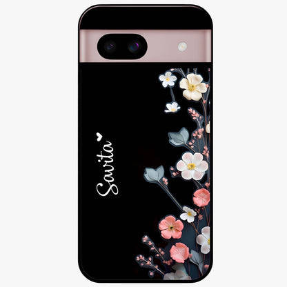 Black Elegance Floral Custom Name Glass Case showing flat back view with elegant floral artwork and personalized name design.