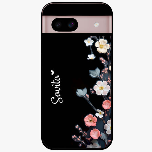 Black Elegance Floral Custom Name Glass Case showing flat back view with elegant floral artwork and personalized name design.