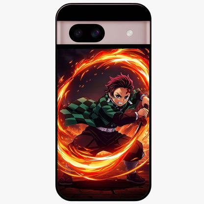 Blazing Sword Resolve Glass Case showing flat back view with fiery sword artwork and glossy glass finish.