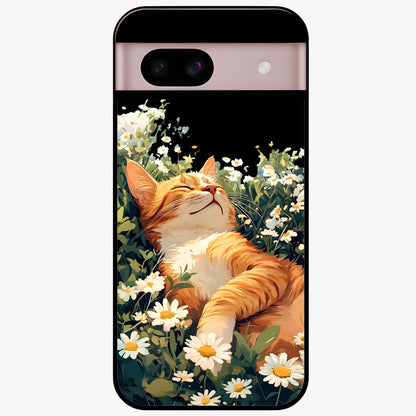 Blissful Bloom Cat Glass Case showing flat back view with cute cat and floral bloom artwork and glossy glass finish.