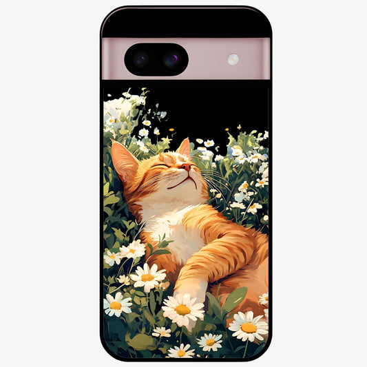 Blissful Bloom Cat Glass Case showing flat back view with cute cat and floral bloom artwork and glossy glass finish.