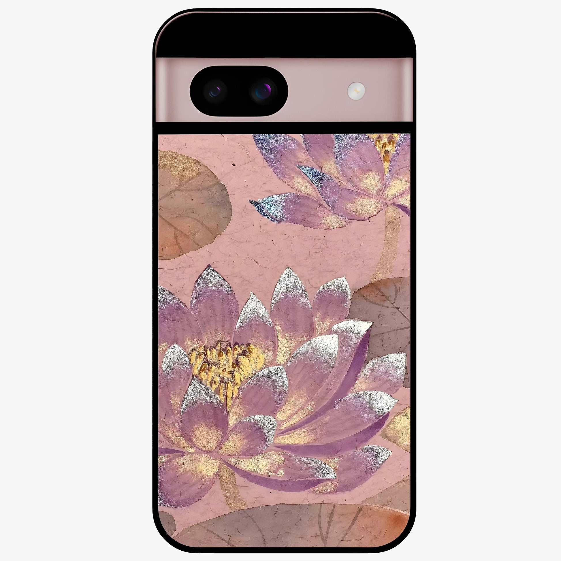 Blossom Mist Lotus Glass Case showing flat back view with serene lotus blossom artwork and glossy glass finish.