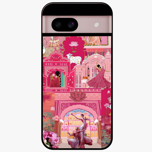 Blossoms of Rajasthan Glass Case showing flat back view with traditional floral artwork inspired by Rajasthan and glossy glass finish.
