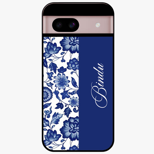 Blue Vintage Floral Pattern Glass Case upright view showcasing timeless floral illustration with vintage inspired style.