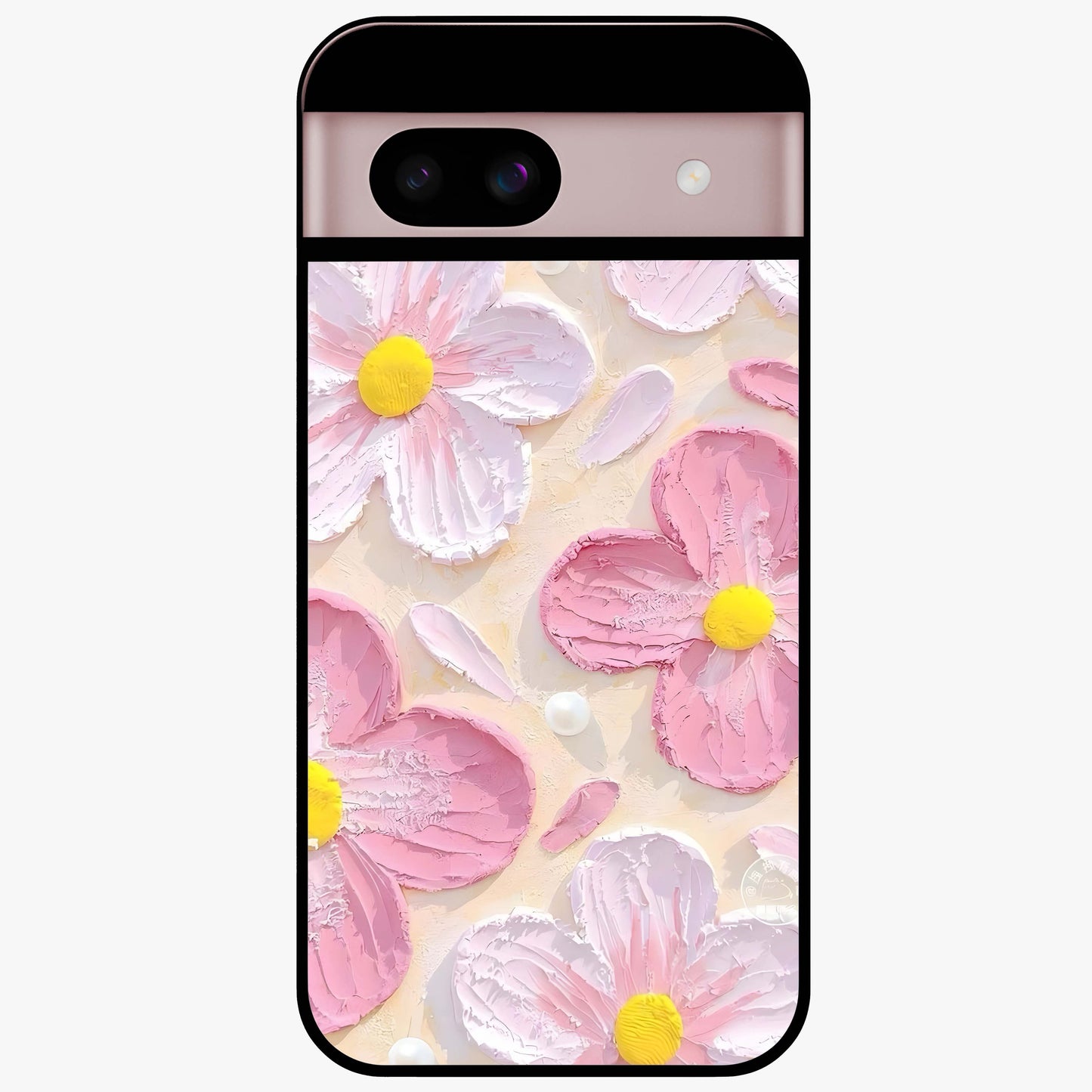 Blush Bloom Texture Glass Case showing flat back view with soft blush floral texture artwork and glossy glass finish.