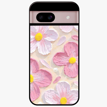 Blush Bloom Texture Glass Case showing flat back view with soft blush floral texture artwork and glossy glass finish.