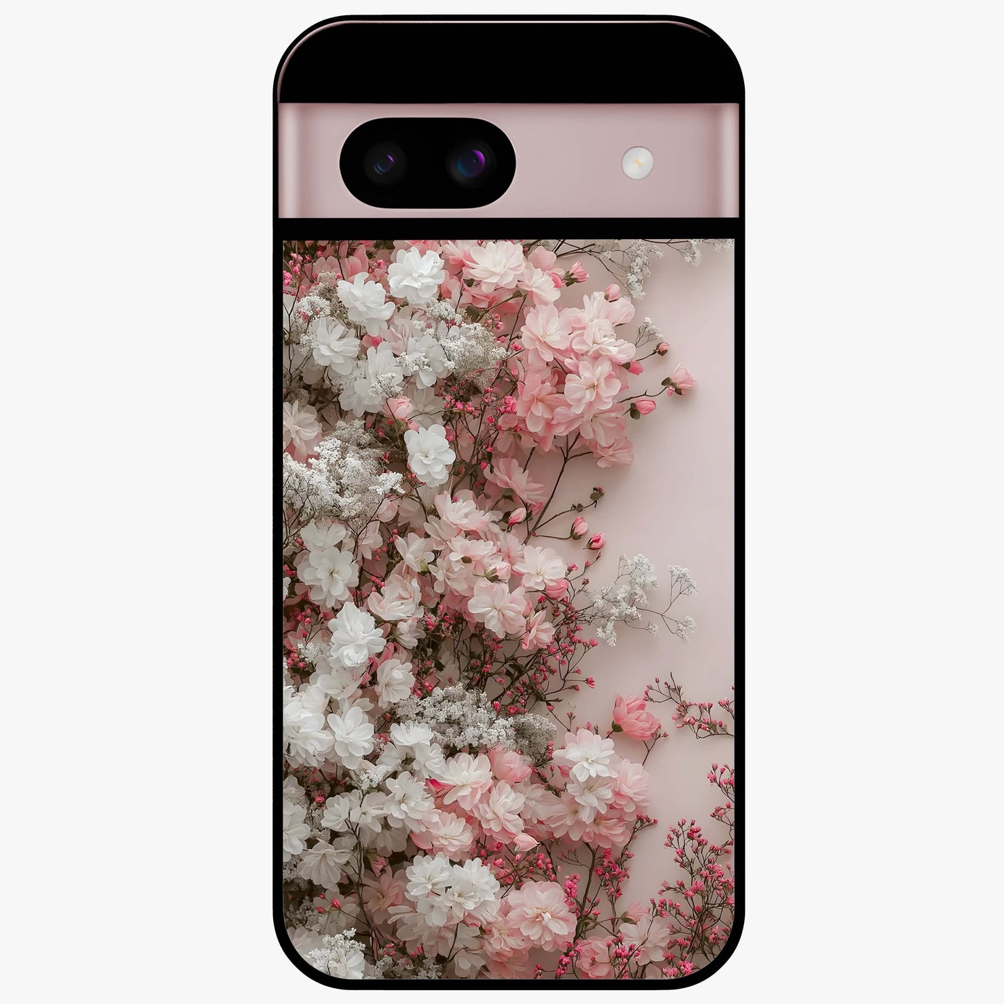 Blush Blossom Cloud Glass Case showing flat back view with dreamy blush cloud blossom artwork and glossy glass finish.