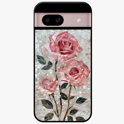 Blush Mosaic Bloom Glass Case showing flat back view with mosaic floral bloom artwork and glossy glass finish.