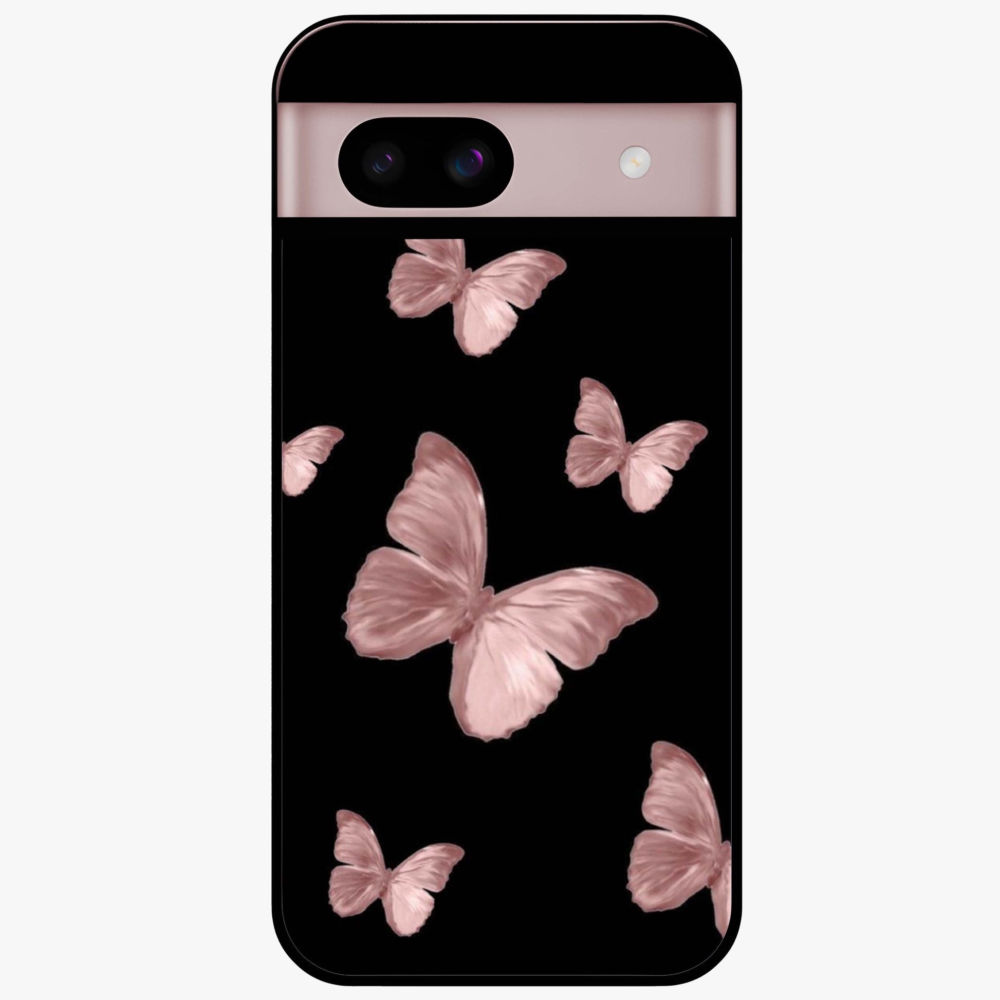 Butterfly Pattern Glass Case showing flat back view with elegant butterfly pattern artwork and glossy glass finish.