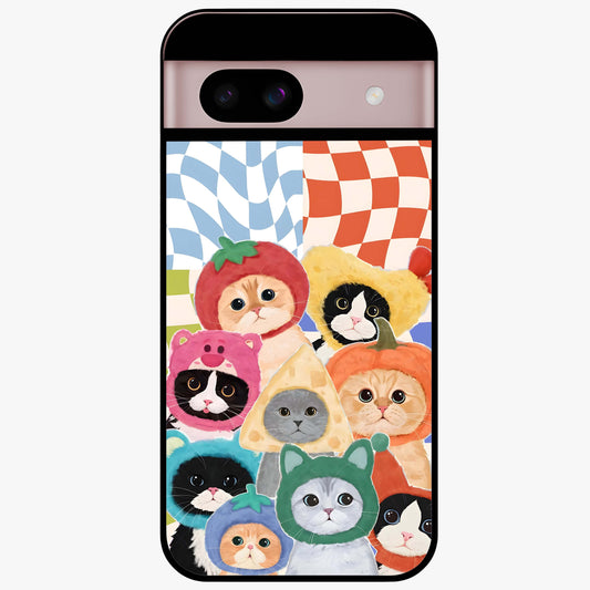 Cats in Fruits Glass Case showing flat back view with playful cat illustrations inside fruit artwork and glossy glass finish.