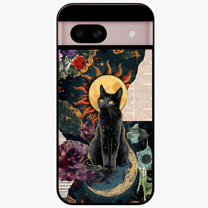 Celestial Black Cat Glass Case showing flat back view with mystical black cat artwork and glossy glass finish.