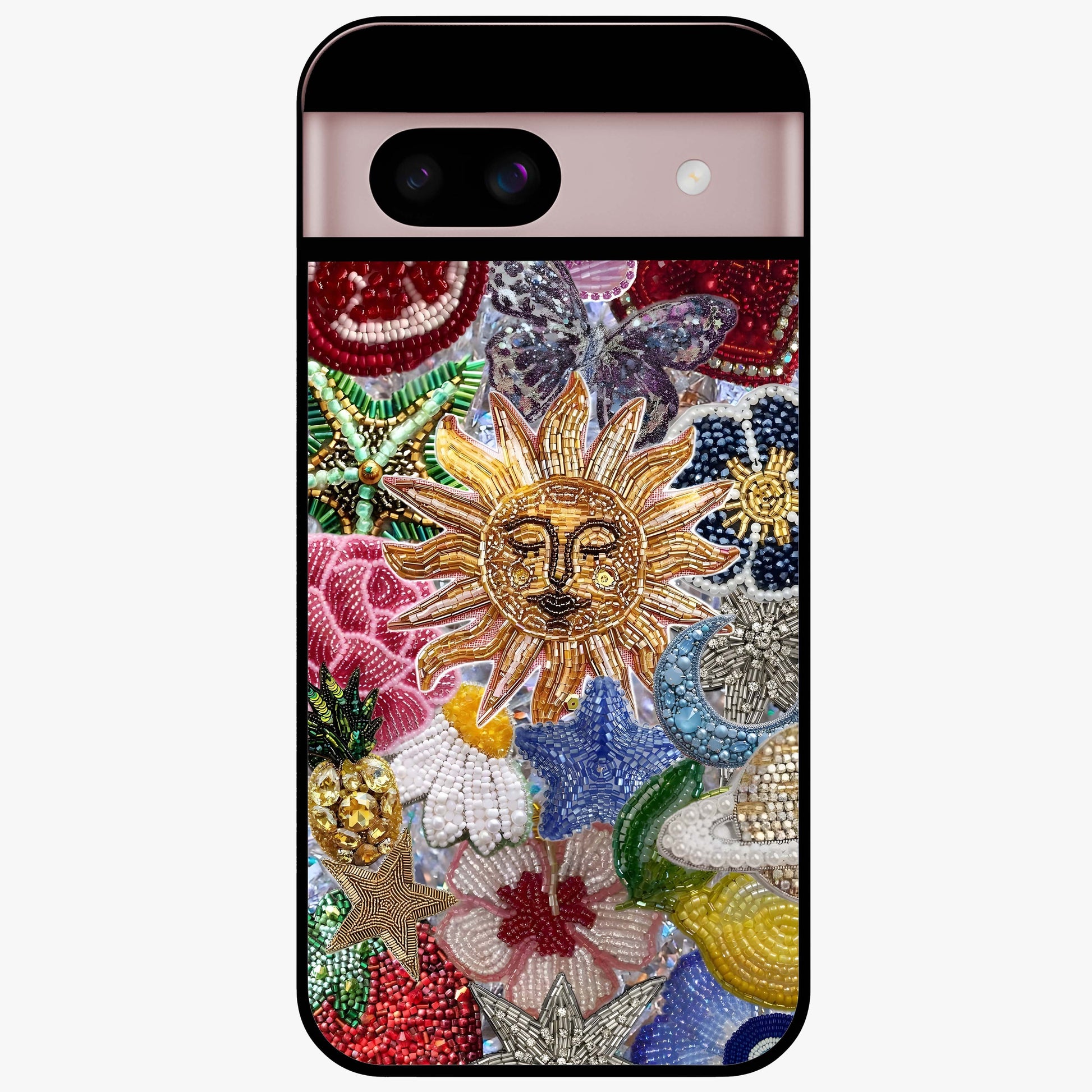 Celestial Floral and Playful Glass Case showing flat back view with floral and celestial themed artwork and glossy glass finish.