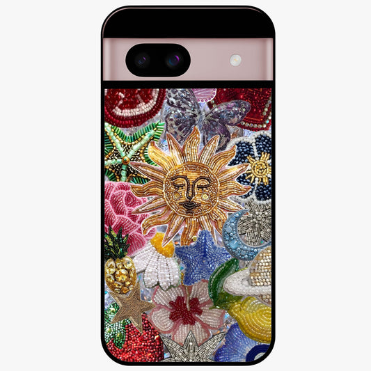 Celestial Floral and Playful Glass Case showing flat back view with floral and celestial themed artwork and glossy glass finish.