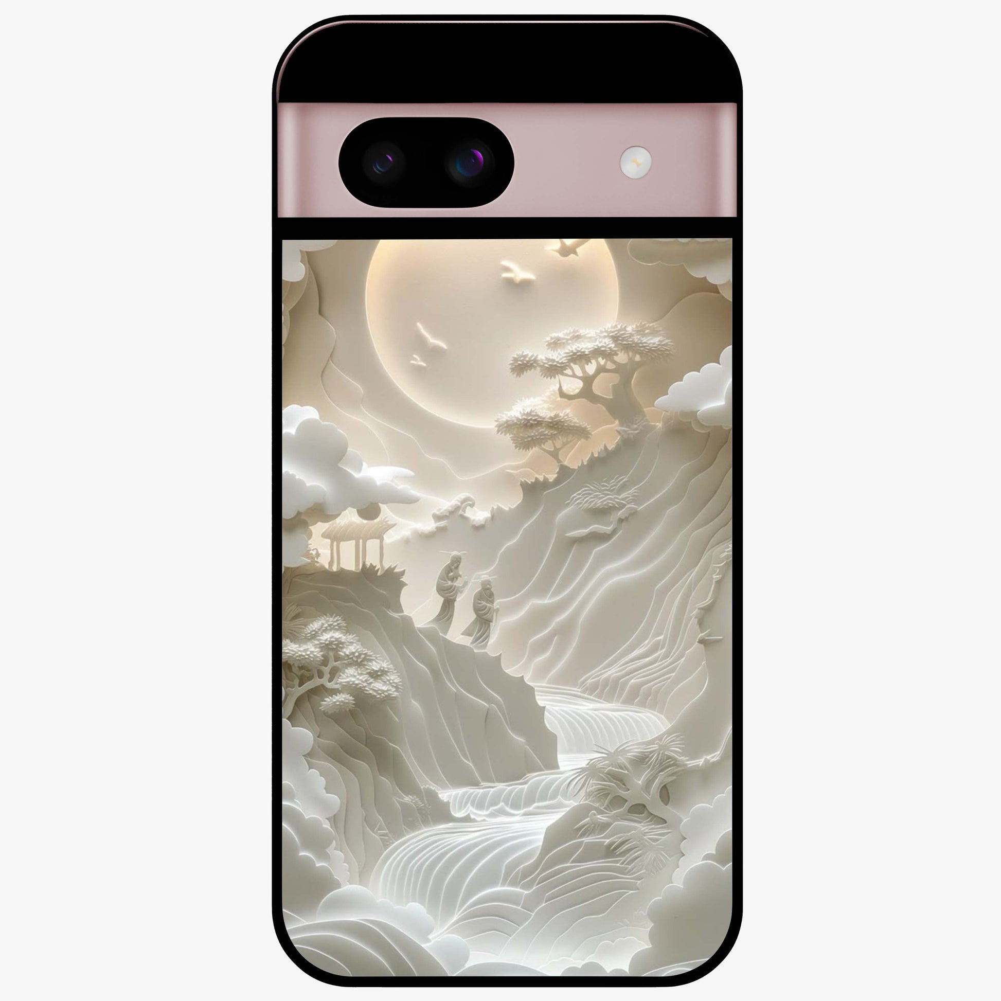 Celestial Origami Glass Case showing flat back view with artistic origami inspired celestial artwork and glossy glass finish.