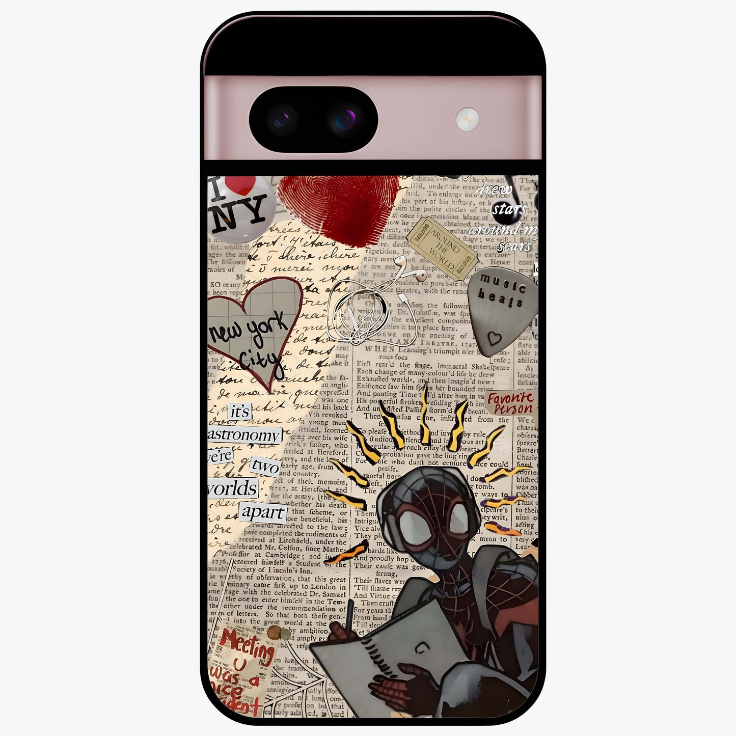 City Dream Sketch Glass Case showing flat back view with artistic city skyline sketch artwork and glossy glass finish.