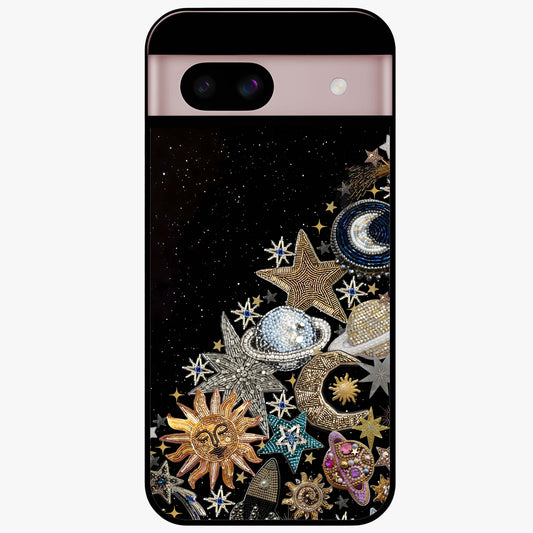 Cosmic Sparkle Dreams Glass Case showing flat back view with sparkling cosmic artwork and glossy glass finish.