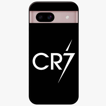 Cr7 Elite Strike Glass Case showing flat back view with dynamic football inspired artwork and glossy glass finish.
