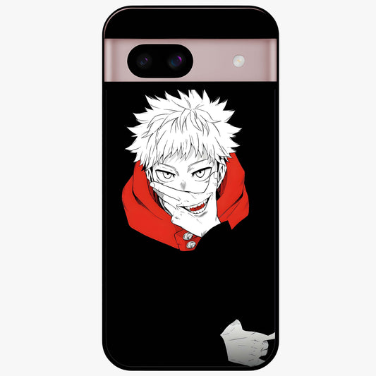 Crimson Chaos Smile Glass Case showing flat back view with bold chaotic smile artwork and glossy glass finish.