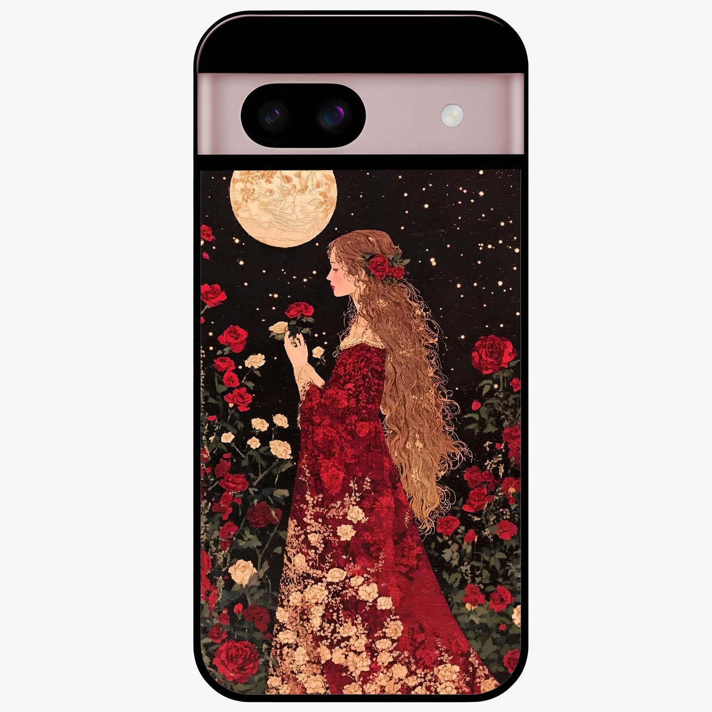 Crimson Dreams Glass Case showing flat back view with dreamy crimson artwork and glossy glass finish.