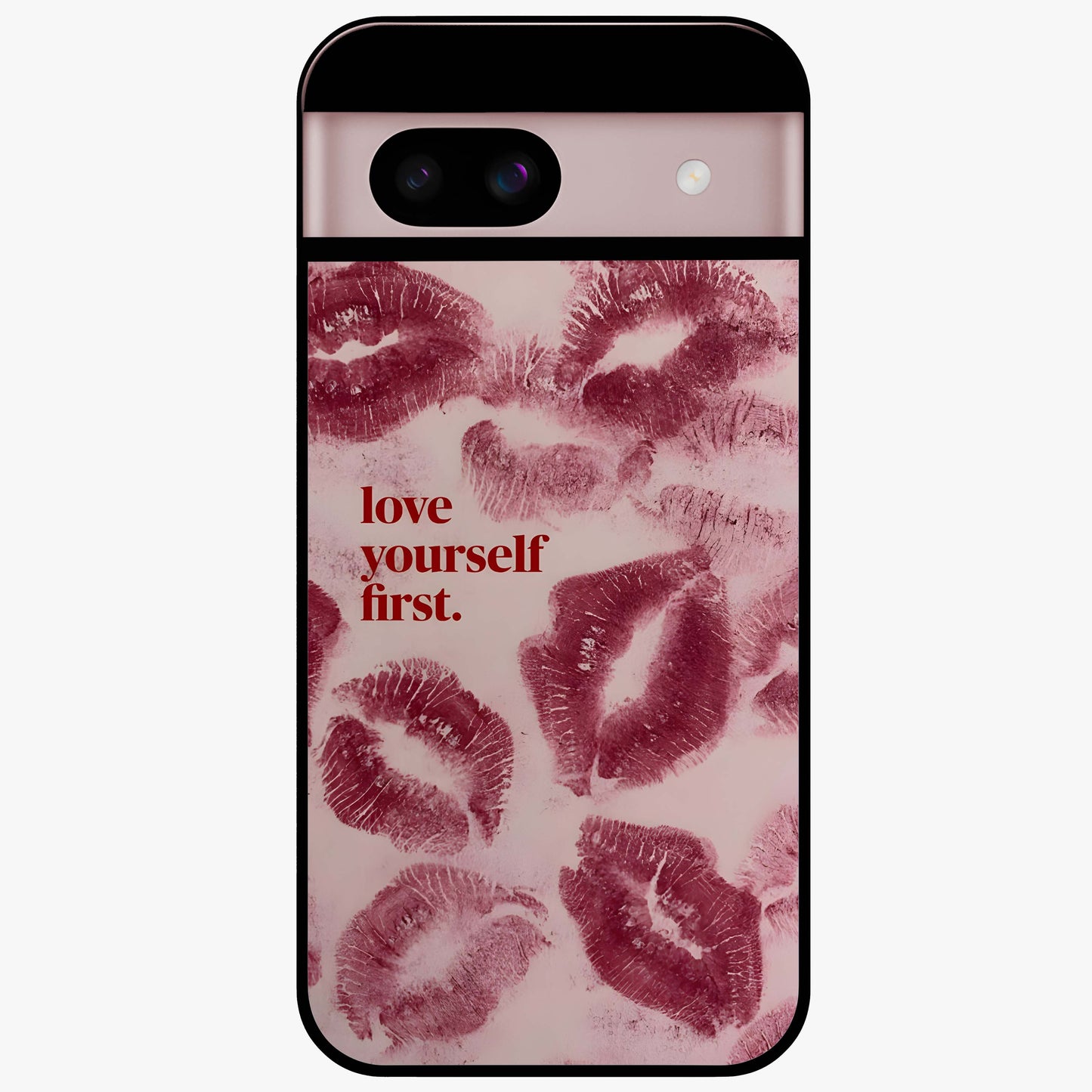 Crimson Kiss Love Glass Case showing flat back view with romantic crimson themed artwork and glossy glass finish.