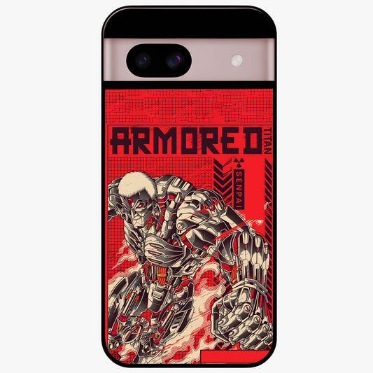 Crimson Mecha Titan Glass Case showing flat back view with powerful mech titan artwork and glossy glass finish.