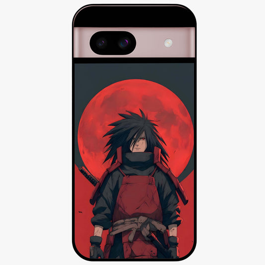 Crimson Moon Warlord Glass Case showing flat back view with mystical moon warrior artwork and glossy glass finish.