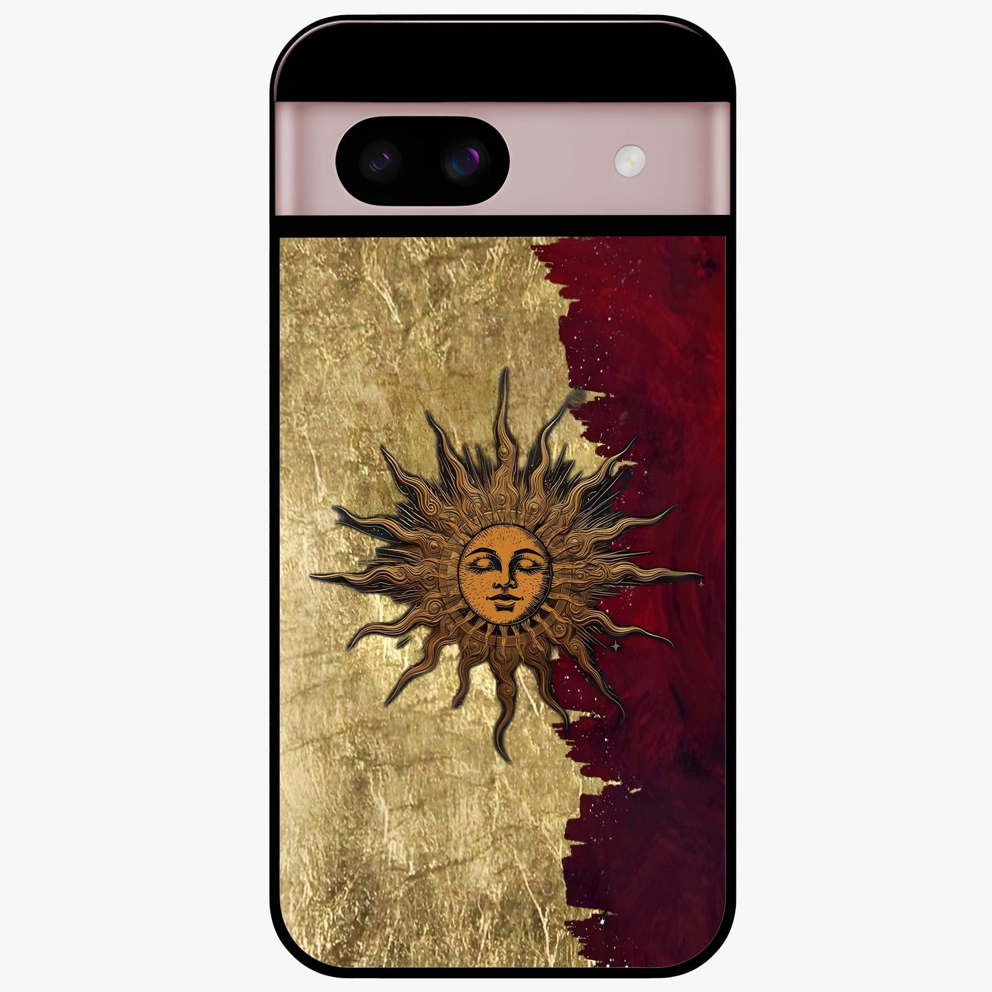 Crimson Sun Majesty Glass Case showing flat back view with radiant sun inspired artwork and glossy glass finish.