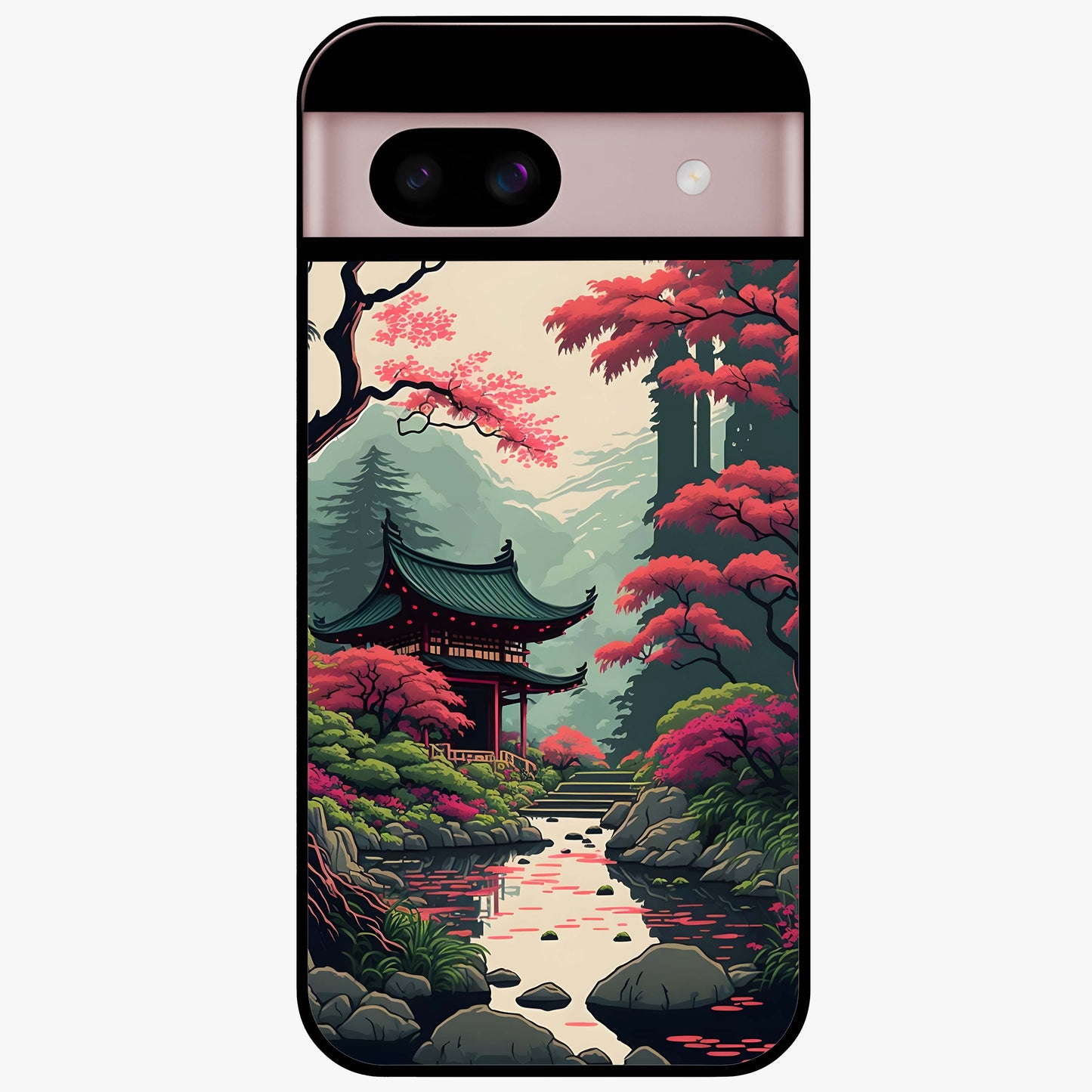 Crimson Temple View Glass Case showing flat back view with temple inspired artwork and glossy glass finish.