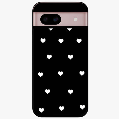 Cute And Simple White Hearts Glass Case showing flat back view with minimal white heart pattern and glossy glass finish.