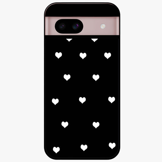 Cute And Simple White Hearts Glass Case showing flat back view with minimal white heart pattern and glossy glass finish.