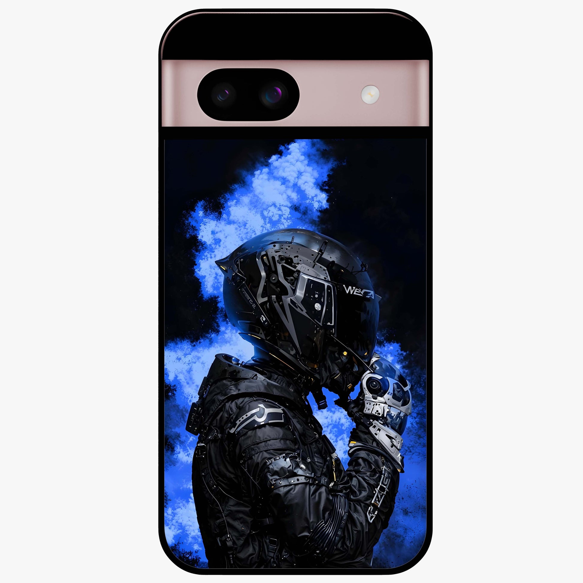 Cyber Sentinel Protocol Glass Case showing flat back view with futuristic cyber themed artwork and glossy glass finish.