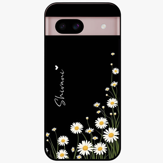 Daisy Cascade Custom Name Glass Case showing flat back view with cascading daisy flowers and personalized name design.