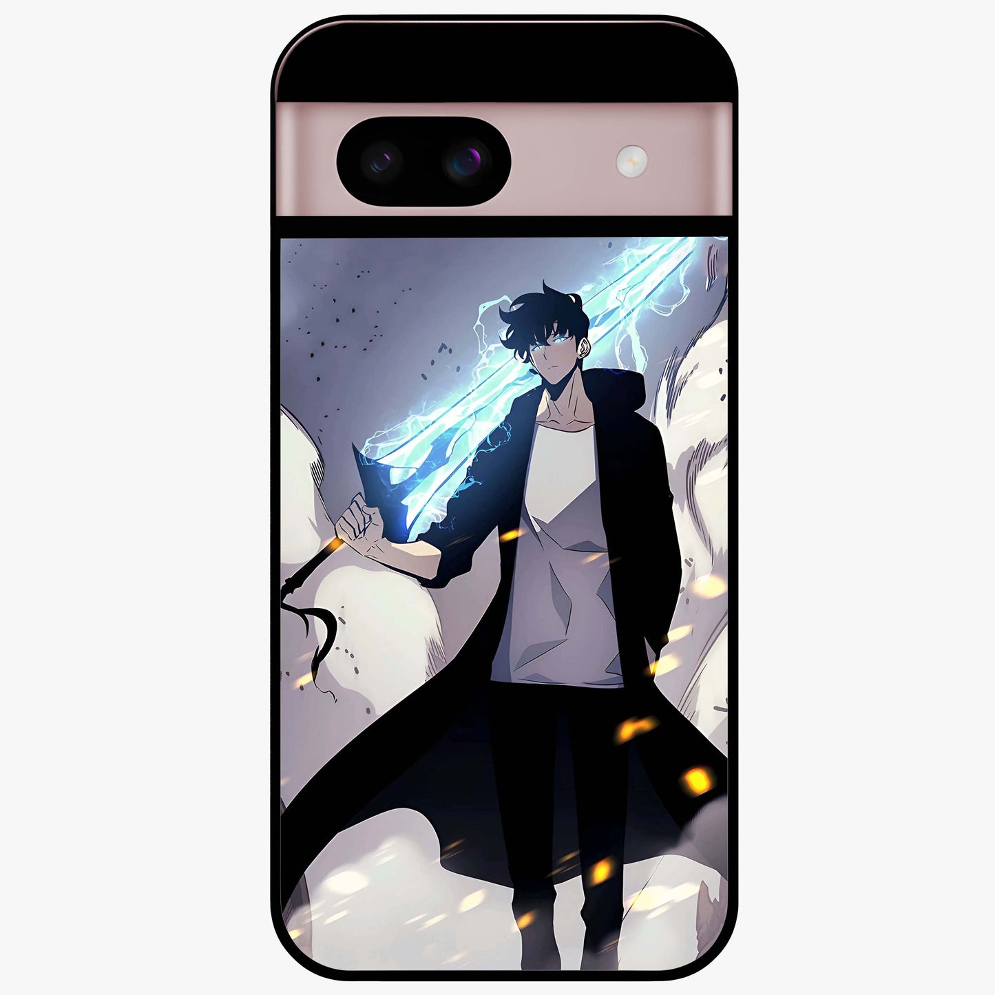 Dark Lightning Anime Warrior Glass Case showing flat back view with intense anime warrior artwork and glossy glass finish.