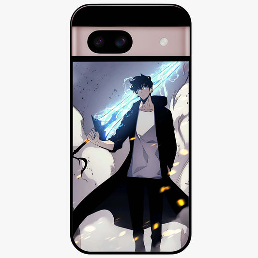 Dark Lightning Anime Warrior Glass Case showing flat back view with intense anime warrior artwork and glossy glass finish.