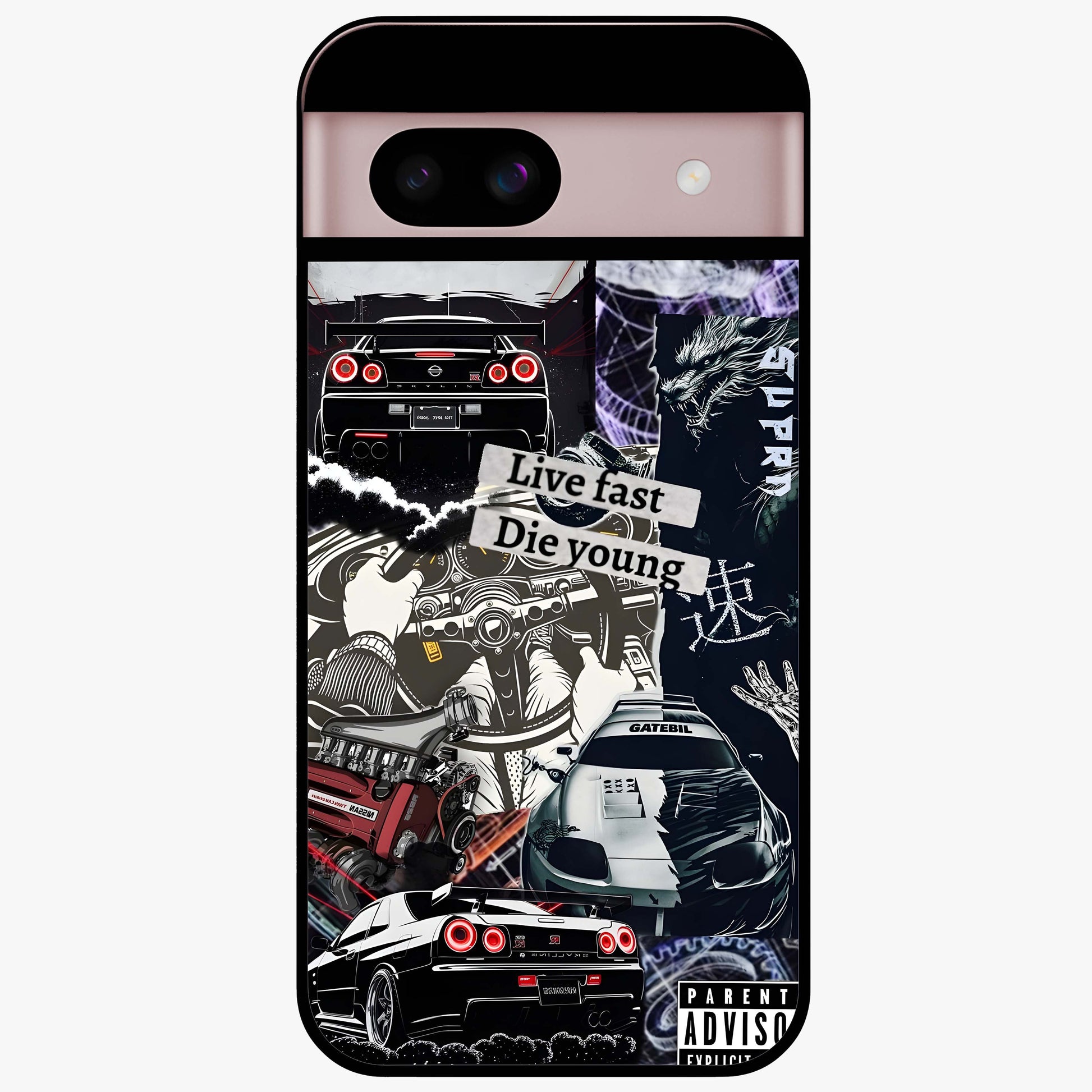 Die Young Glass Case showing flat back view with bold artistic typography design and glossy glass finish.