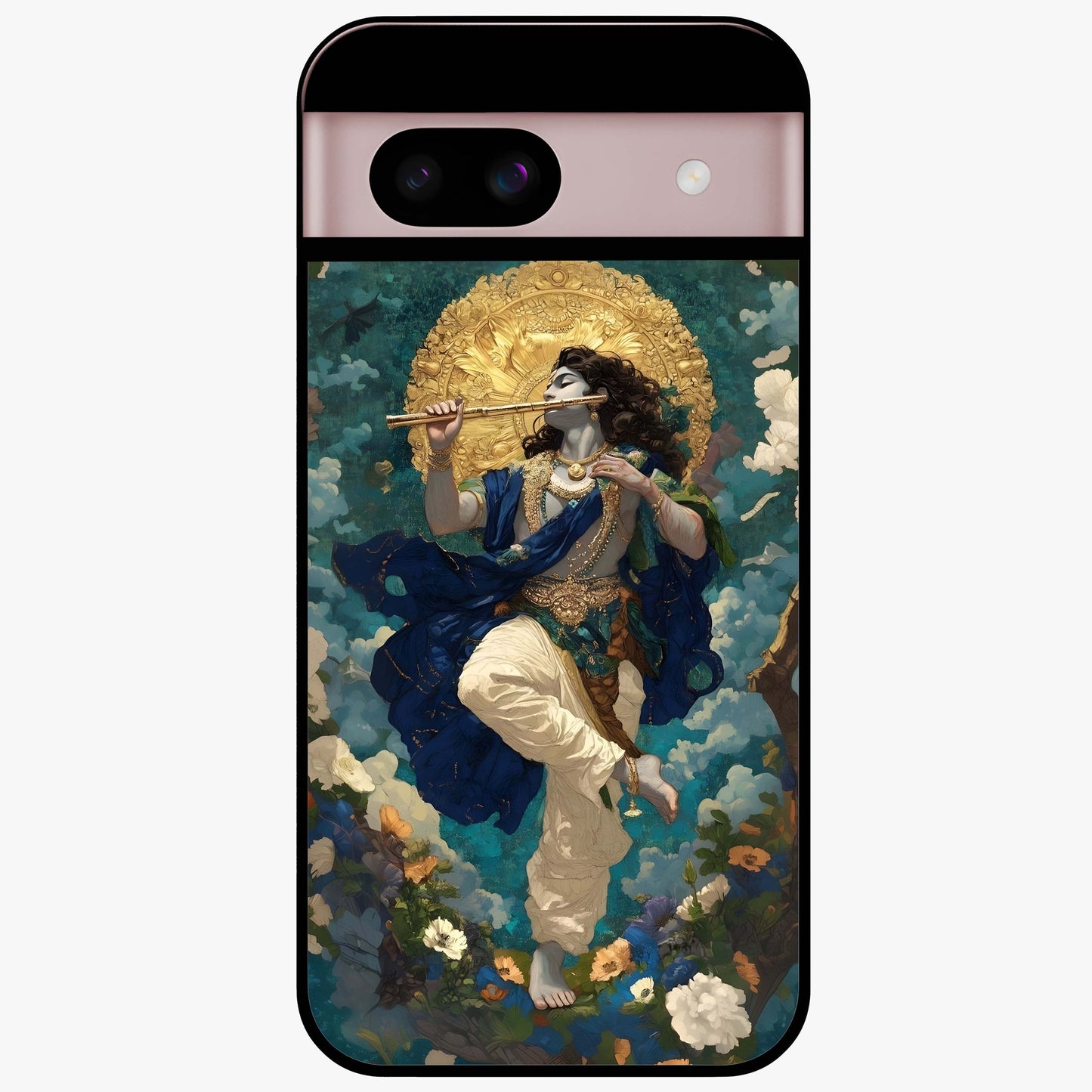 Divine Krishna Art Glass Case showing flat back view with Lord Krishna artwork and glossy glass finish.