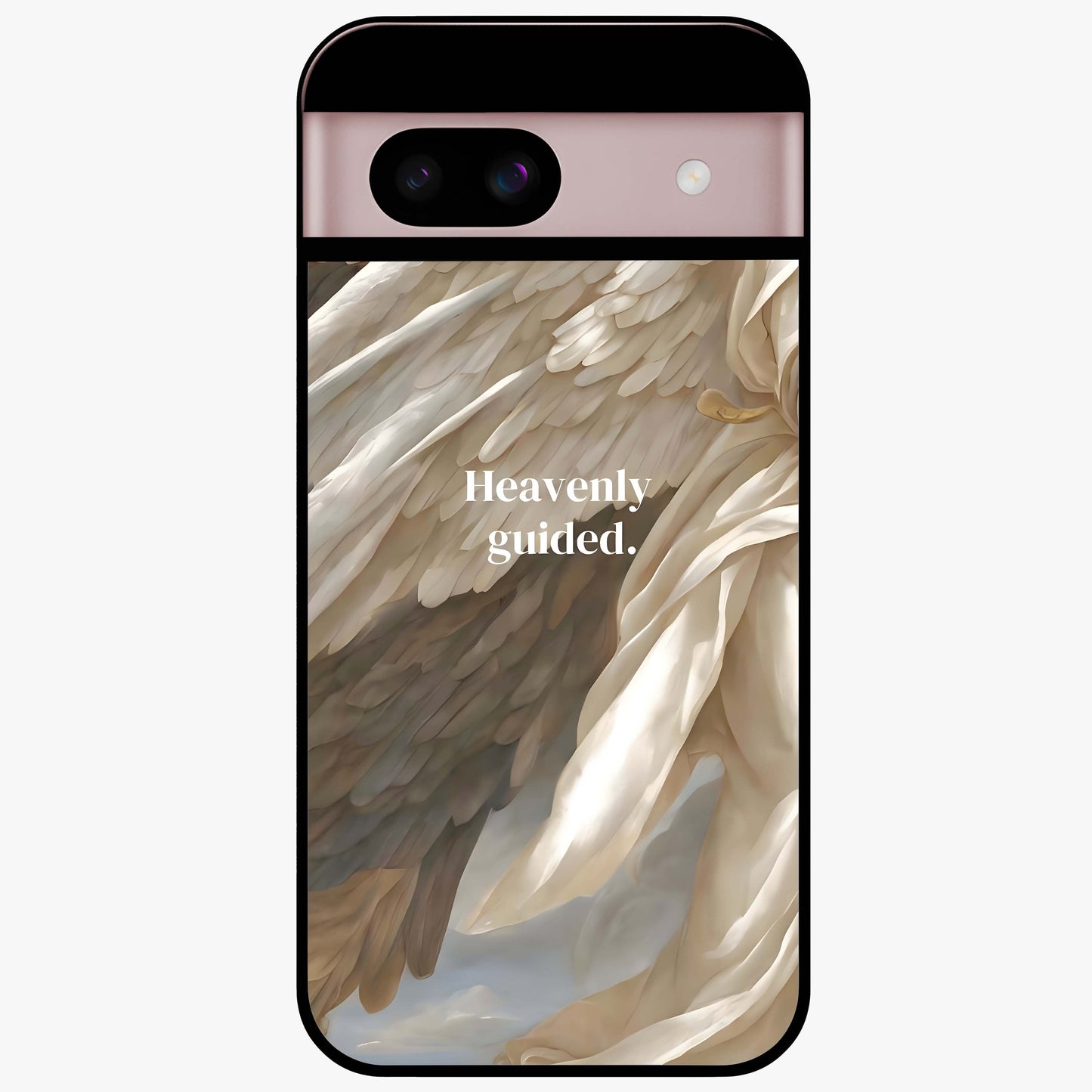 Divine Winged Grace Glass Case showing flat back view with elegant wing inspired artwork and glossy glass finish.