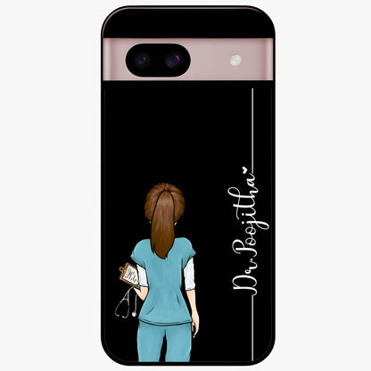 Doctor Pattern Custom Name Glass Case showing flat back view with medical themed pattern and personalized name design.