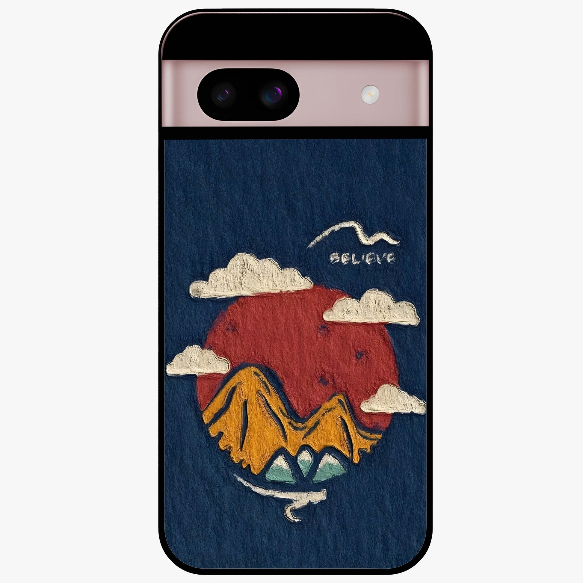 Dream Beyond Mountains Glass Case showing flat back view with scenic mountain landscape artwork and glossy glass finish.