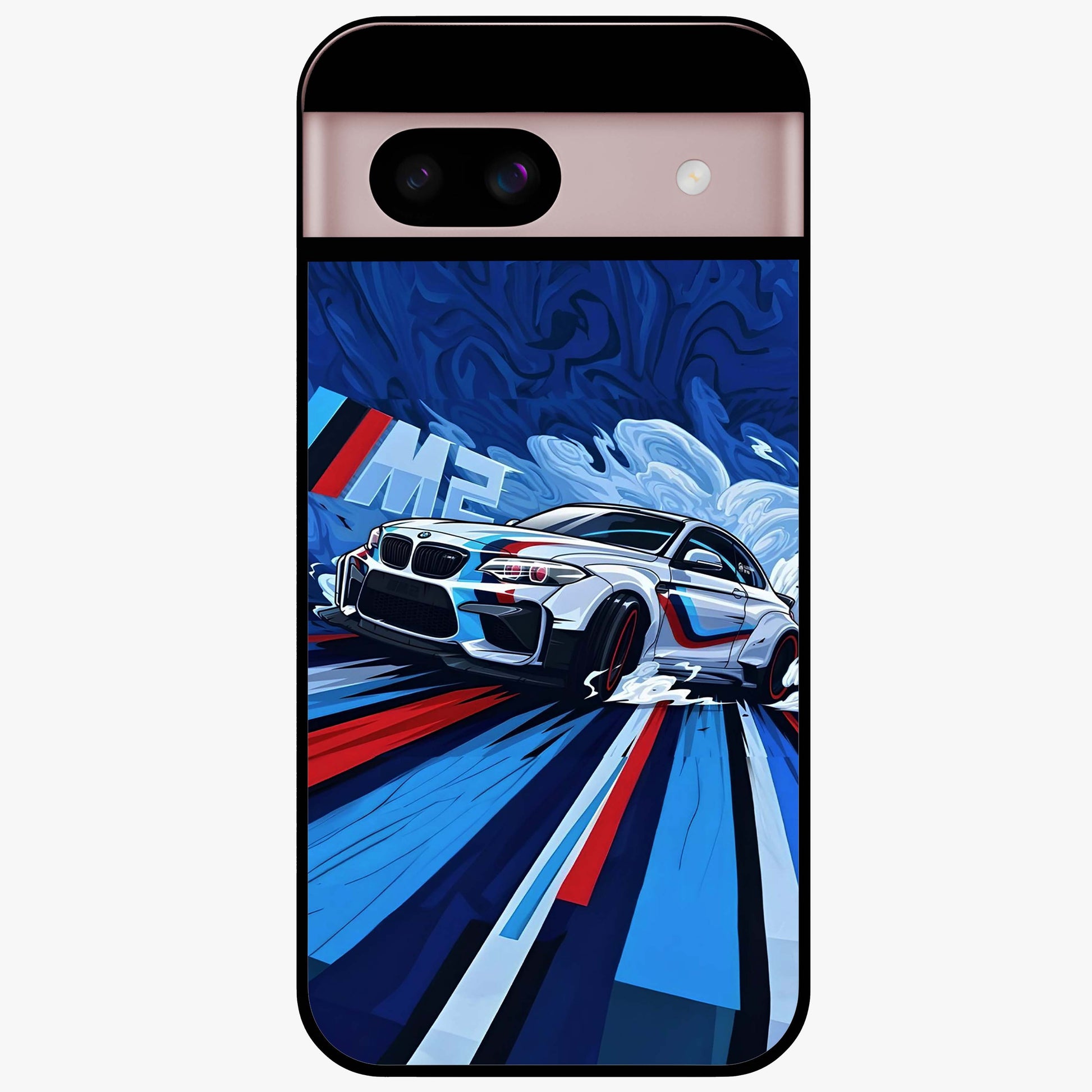Drift Power Rush Glass Case showing flat back view with dynamic racing inspired artwork and glossy glass finish.