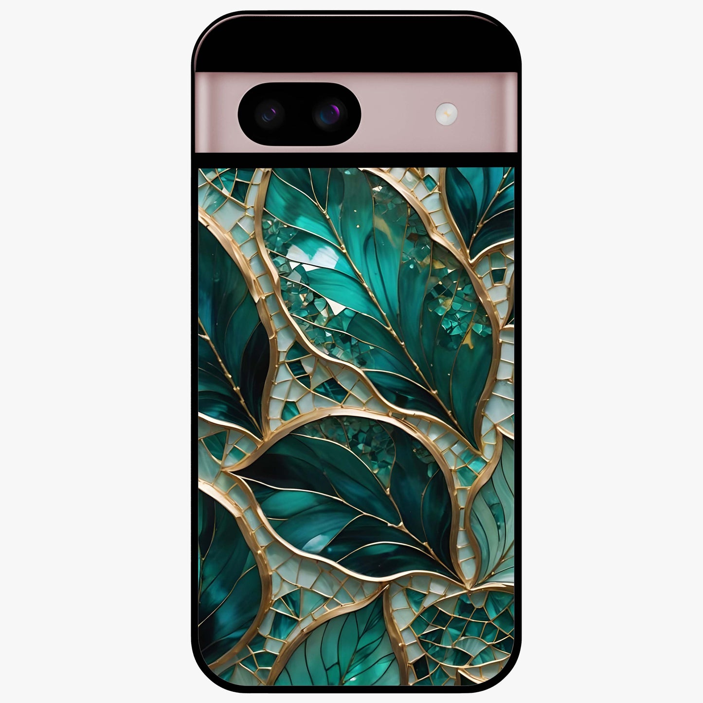 Emerald Leaf Glass Glass Case showing flat back view with emerald green leaf artwork and glossy glass finish.