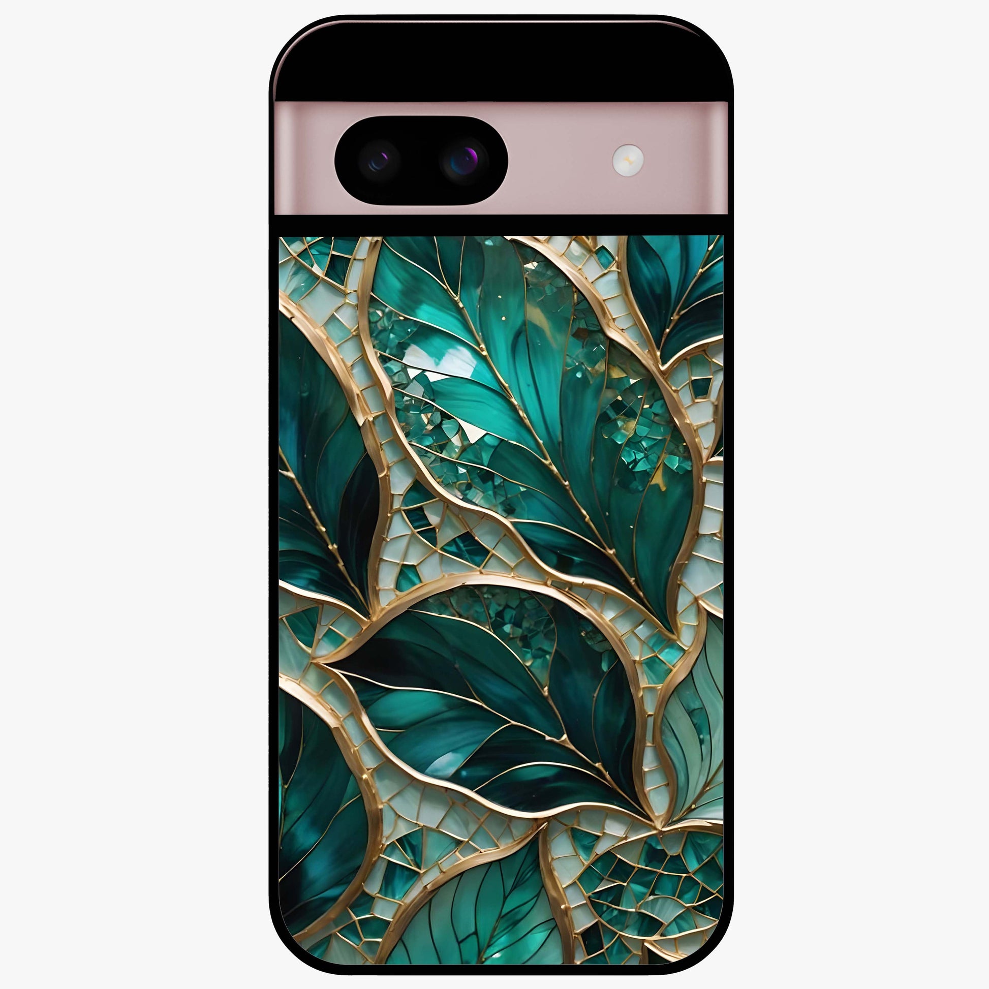 Emerald Leaf Glass Glass Case showing flat back view with emerald green leaf artwork and glossy glass finish.