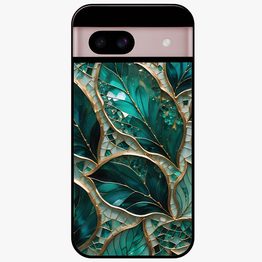 Emerald Leaf Glass Glass Case showing flat back view with emerald green leaf artwork and glossy glass finish.