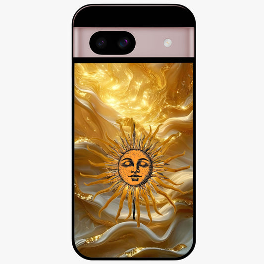 Eternal Golden Glow Glass Case showing flat back view with radiant golden themed artwork and glossy glass finish.