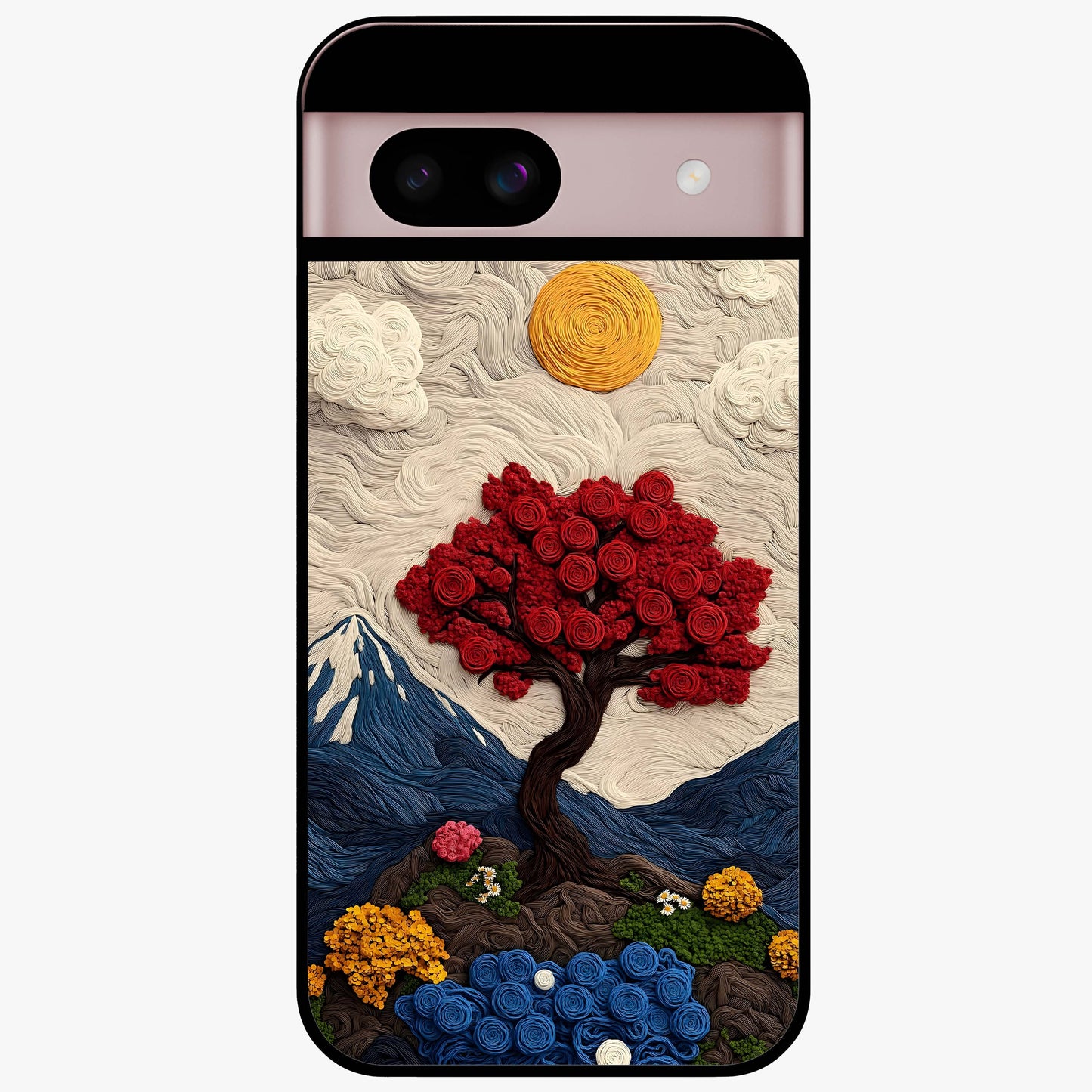 Eternal Nature Tapestry Glass Case showing flat back view with intricate nature tapestry artwork and glossy glass finish.