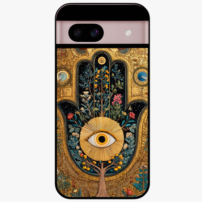 Ethereal Evil Eye Glass Case showing flat back view with mystical evil eye artwork and glossy glass finish.