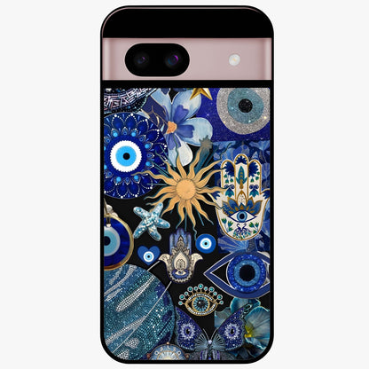 Evil Eye Charm Mix Glass Case showing flat back view with multiple evil eye charms artwork and glossy glass finish.