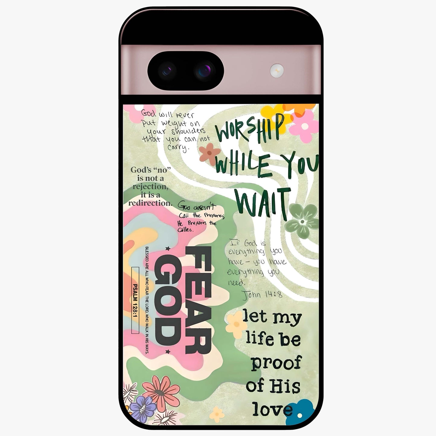 Faith Over Fear Glass Case showing flat back view with motivational typography artwork and glossy glass finish.