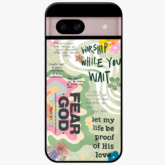 Faith Over Fear Glass Case showing flat back view with motivational typography artwork and glossy glass finish.